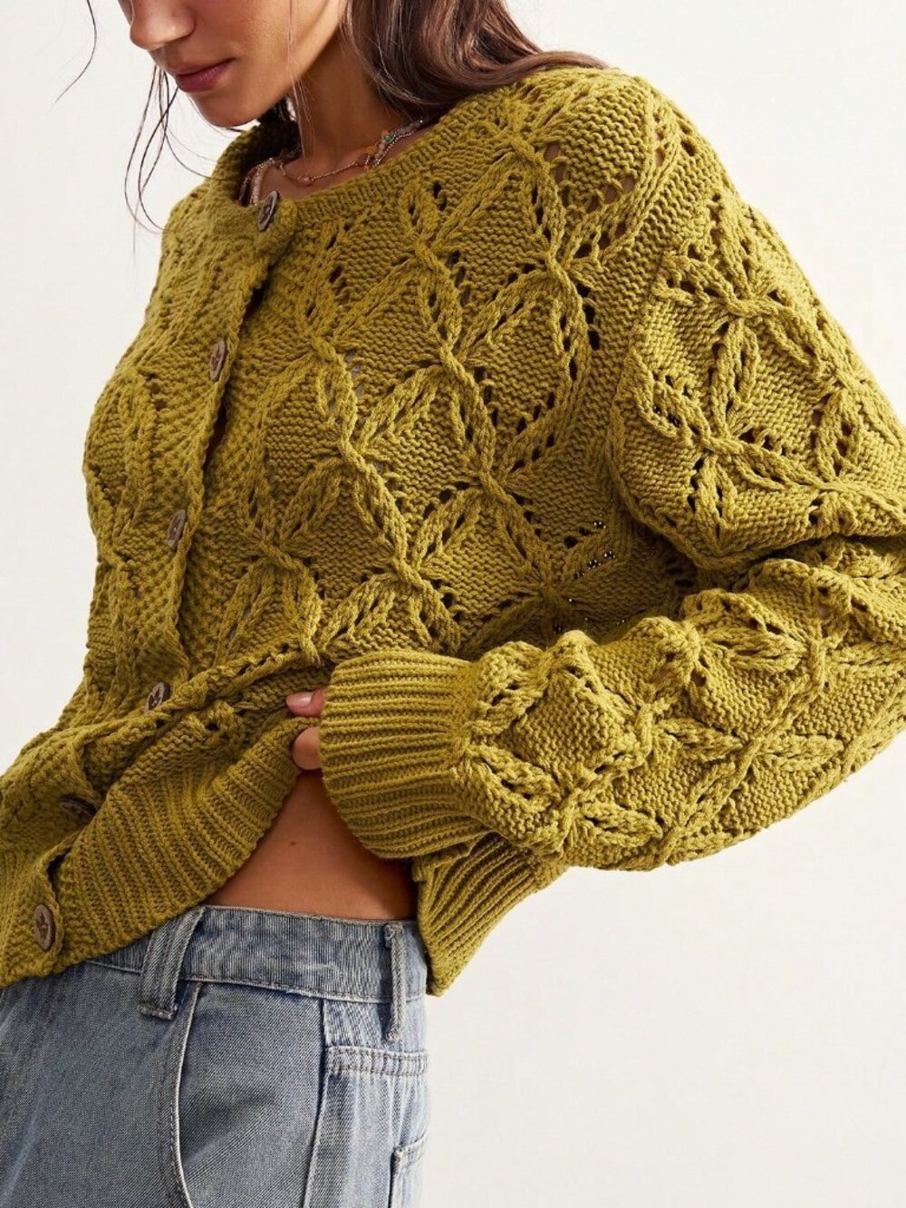 Green Casual Women's Heavy-Duty Hollow Knit Cardigan - Picture 6 of 9